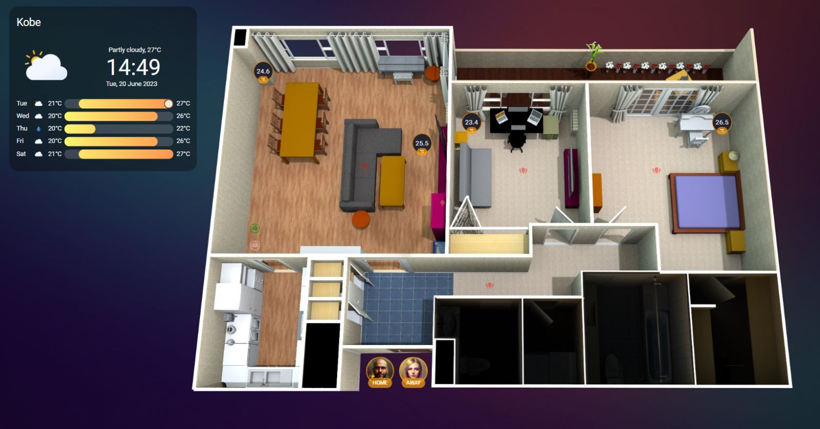 Home Assistant Smart-Home Layout with interactive buttons, switches and sensors